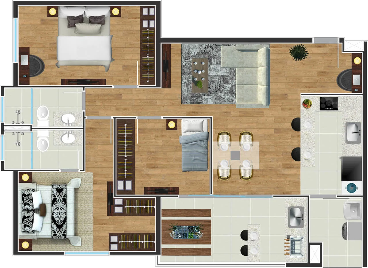 Planta Apartamento tipo · 92 m² · 3 dormitórios - Bella Itália