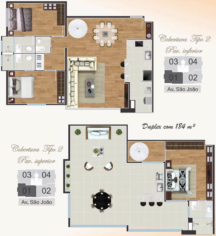Planta Cobertura duplex · 184 m² - Bella Itália