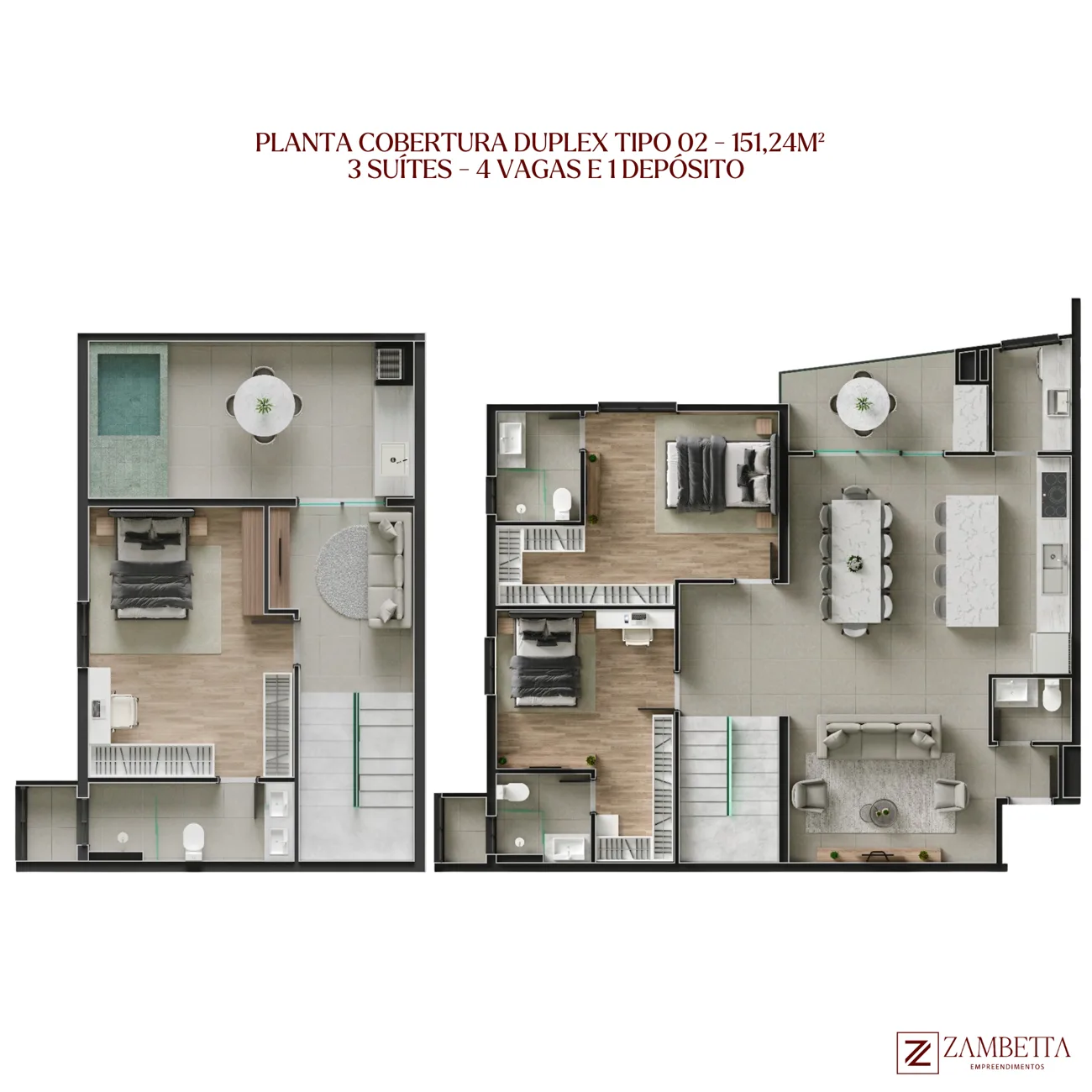 Planta Cobertura Duplex Tipo 02 · 151 m² · 3 suítes - Independence Tower