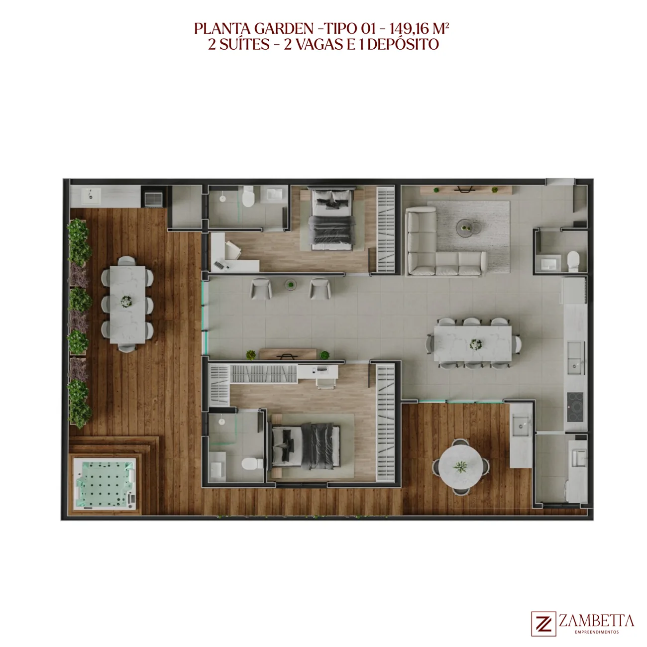 Planta Garden Tipo 01 · 149 m² · 2 suítes - Independence Tower
