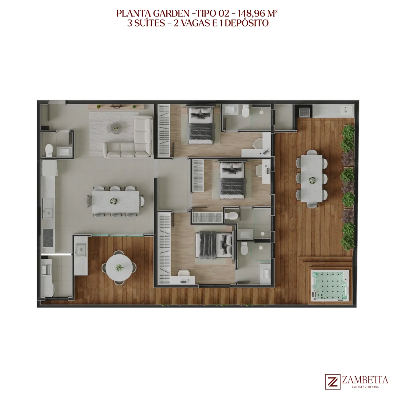 Planta Garden Tipo 02 · 149 m² · 3 suítes - Independence Tower