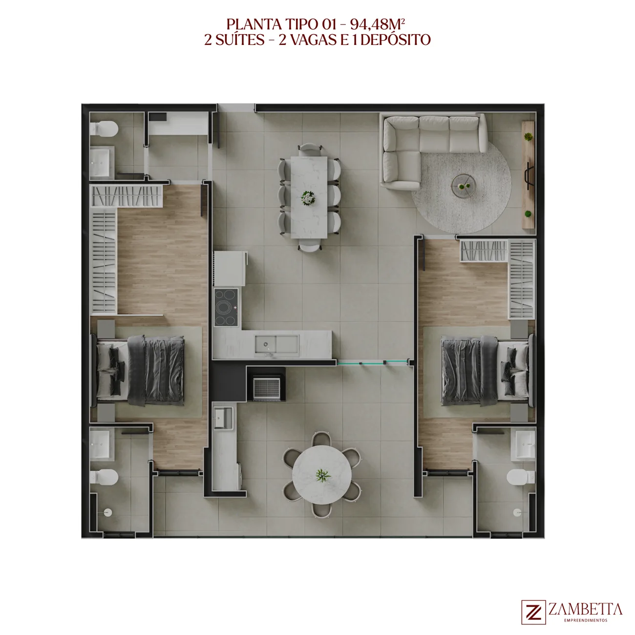 Planta Tipo 01 · 94 m² · 2 suítes - Independence Tower