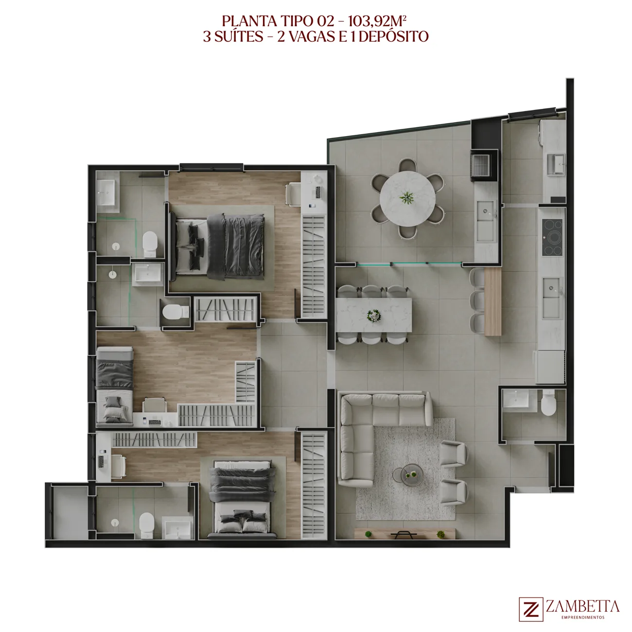 Planta Tipo 02 · 103 m² · 3 suítes - Independence Tower